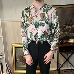 Pink and green leopard graphic button up